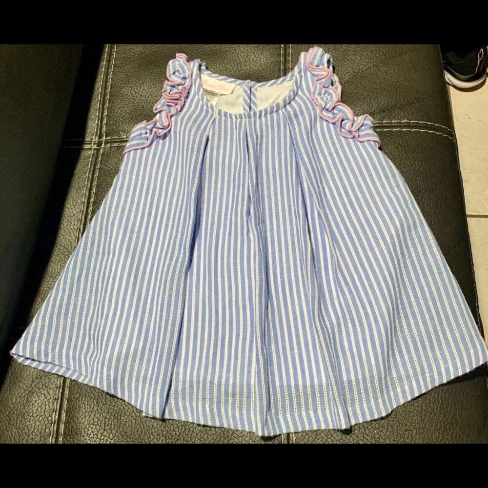 Girls. 18 Mths. Bonnie Baby Dress Blue Striped Pink Ruffle Sleeves